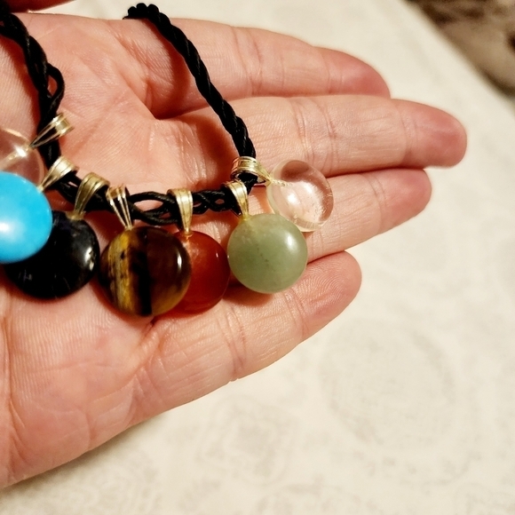 Seven Natural Stone Pendant Necklace on Black Rope Lobster Claw Clasp Quarts EUC - Picture 8 of 10
